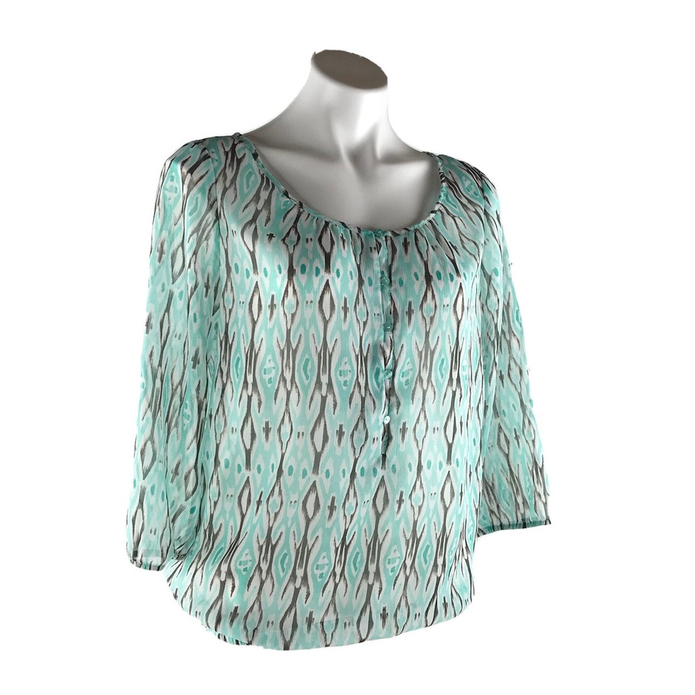 The Limited‎ Shirt Womens Med Green Black Sheer Blouse Quarter Button 3/4 Sleeve